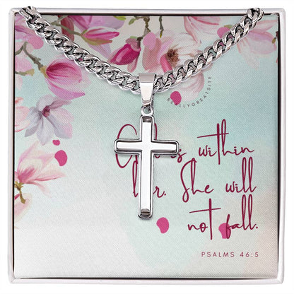 Jesus Loves You God Is Within Her She Will Not Fall - Cuban Link Chain Necklace with Artisan Cross | Best Baptism Gift